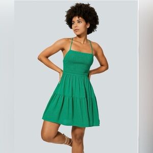 Halara Mini Linen-feel Casual Dress Lace up Back Parakeet Large NEW